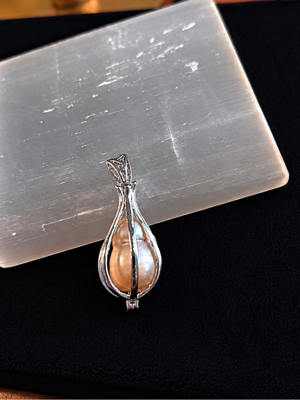 Champagne Pearl Cage Pendant Necklace | Gourd | Squash | Pumpkin | Sterling 925